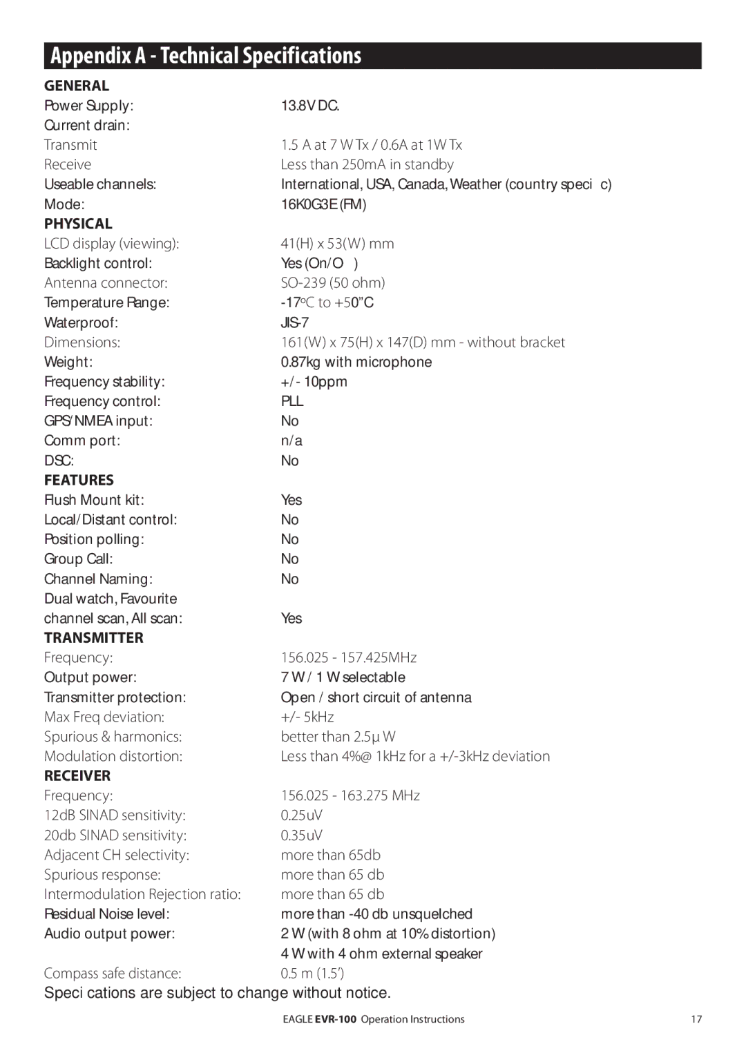 Eagle Electronics EVR-100 manual Appendix a Technical Specifications, Pll 