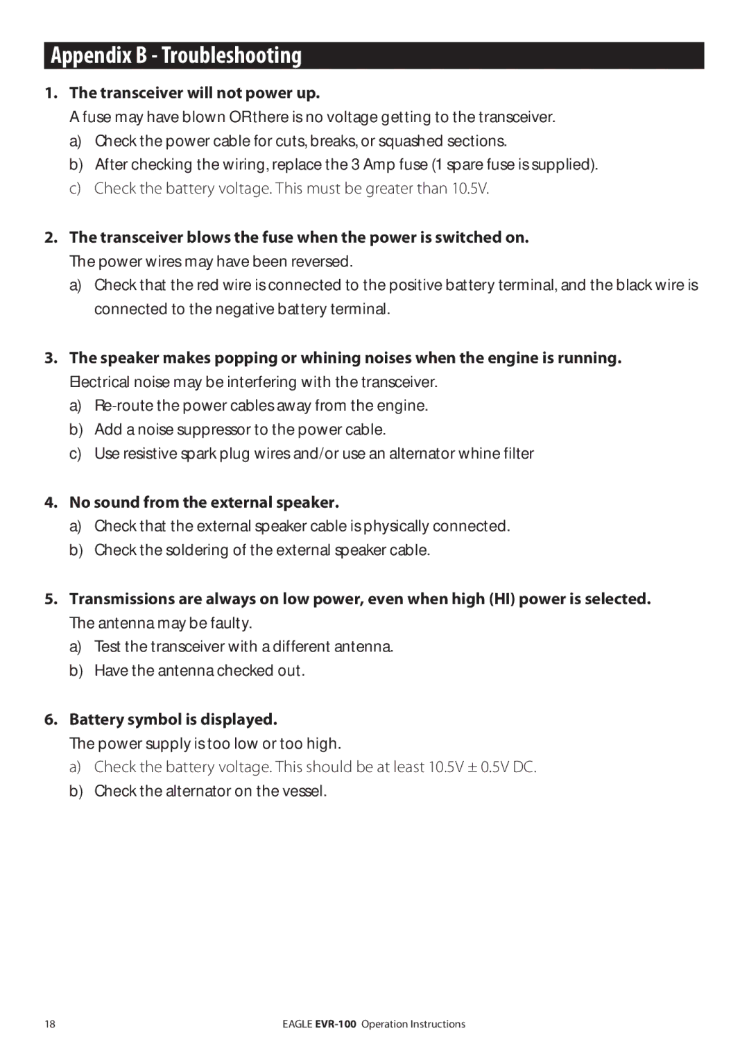 Eagle Electronics EVR-100 manual Appendix B Troubleshooting, Transceiver will not power up 