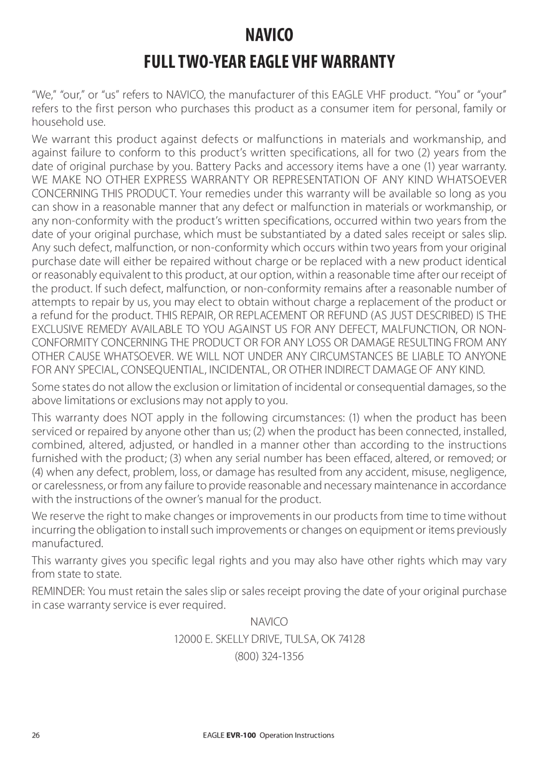 Eagle Electronics EVR-100 manual Navico Full TWO-YEAR Eagle VHF Warranty, 12000 E. Skelly DRIVE, TULSA, OK 800 
