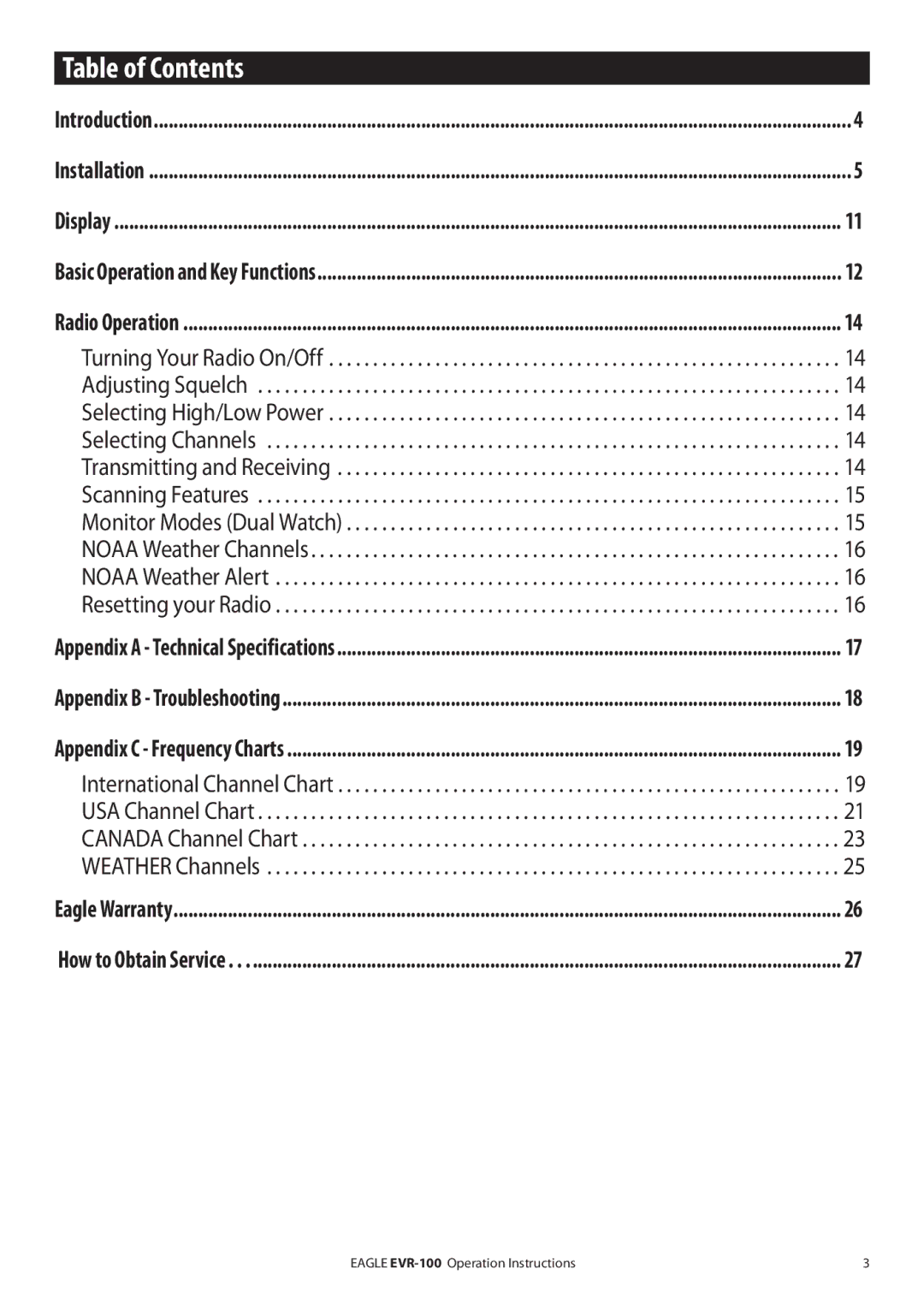 Eagle Electronics EVR-100 manual Table of Contents 