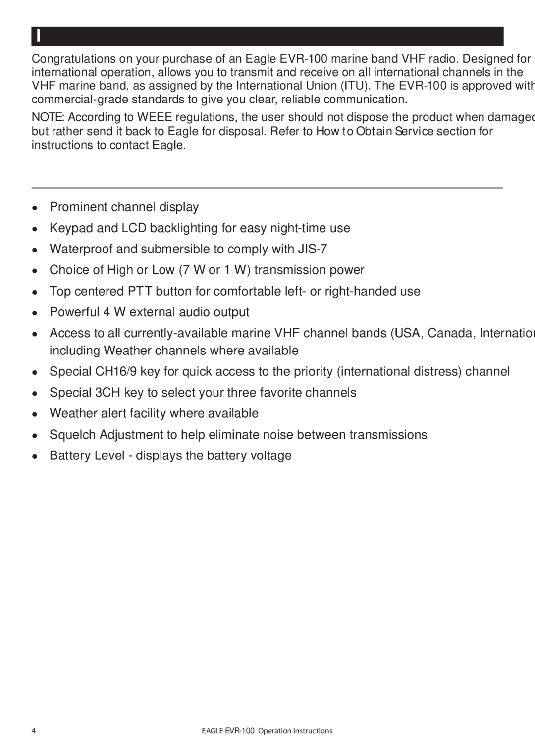 Eagle Electronics EVR-100 manual Introduction, Your radio has the following features 