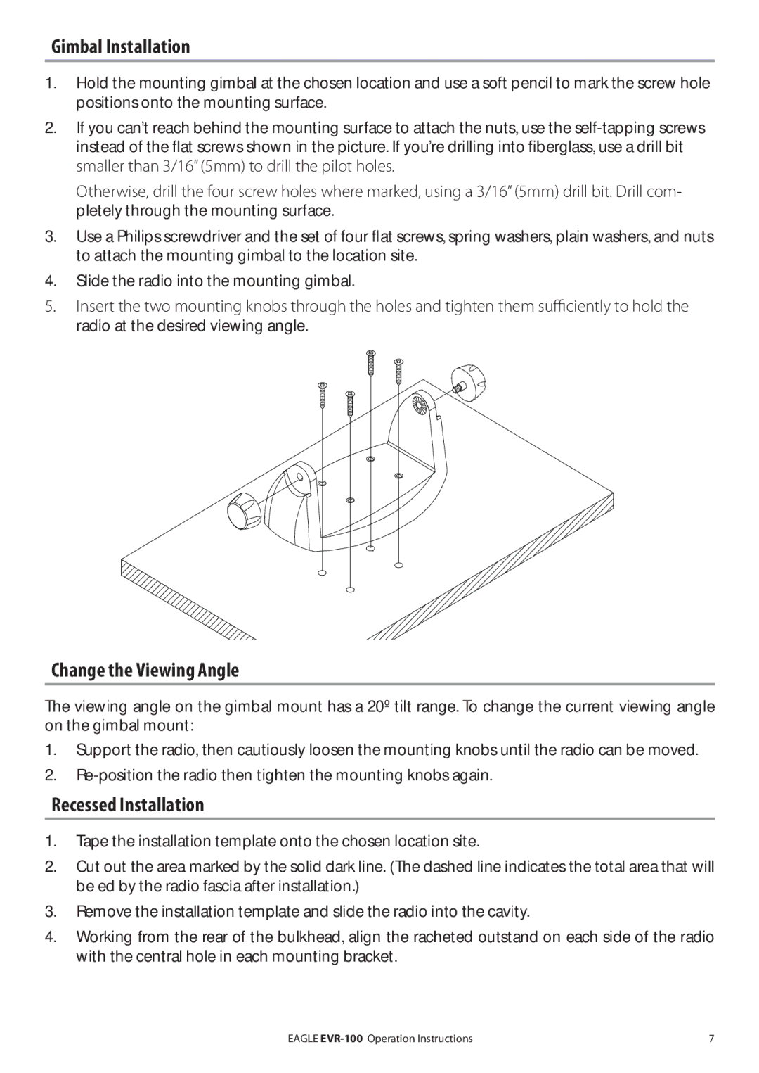 Eagle Electronics EVR-100 manual Gimbal Installation, Change the Viewing Angle, Recessed Installation 