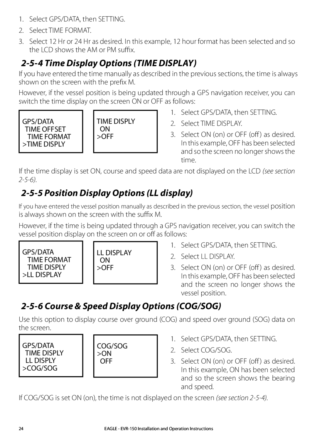 Eagle Electronics EVR-150 manual Time Display Options Time Display, Position Display Options LL display 