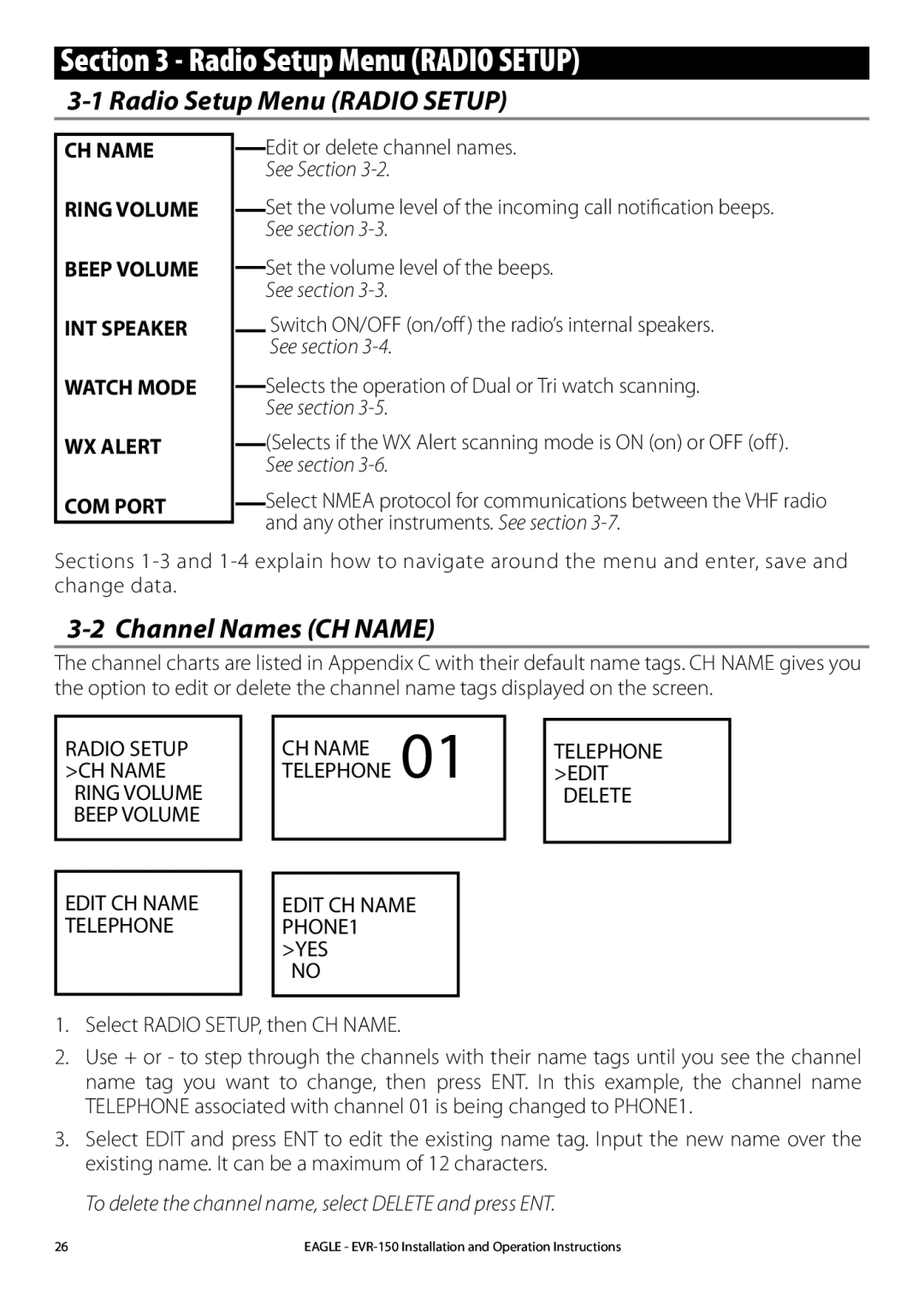 Eagle Electronics EVR-150 manual Radio Setup Menu Radio Setup, Channel Names CH Name, Select Radio SETUP, then CH Name 