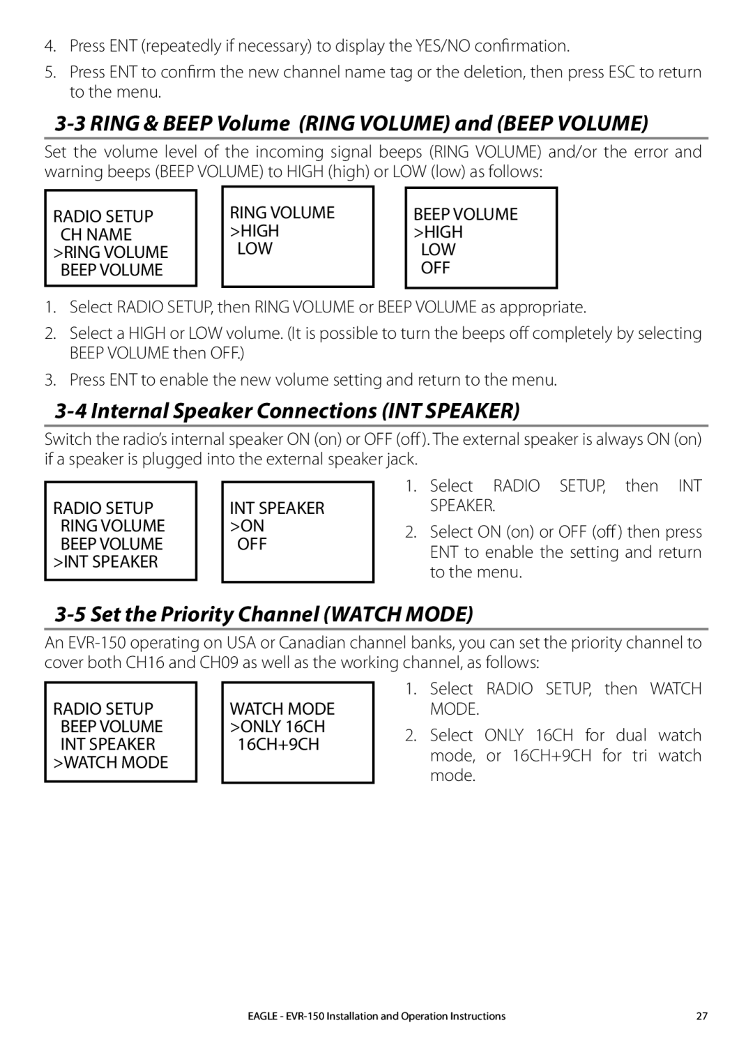 Eagle Electronics EVR-150 manual Ring & Beep Volume Ring Volume and Beep Volume, Internal Speaker Connections INT Speaker 