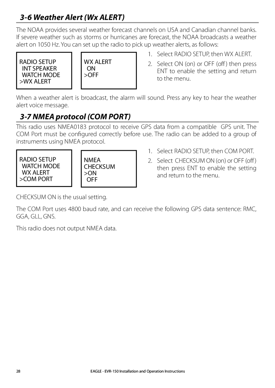 Eagle Electronics EVR-150 manual Weather Alert Wx Alert, Nmea protocol COM Port 