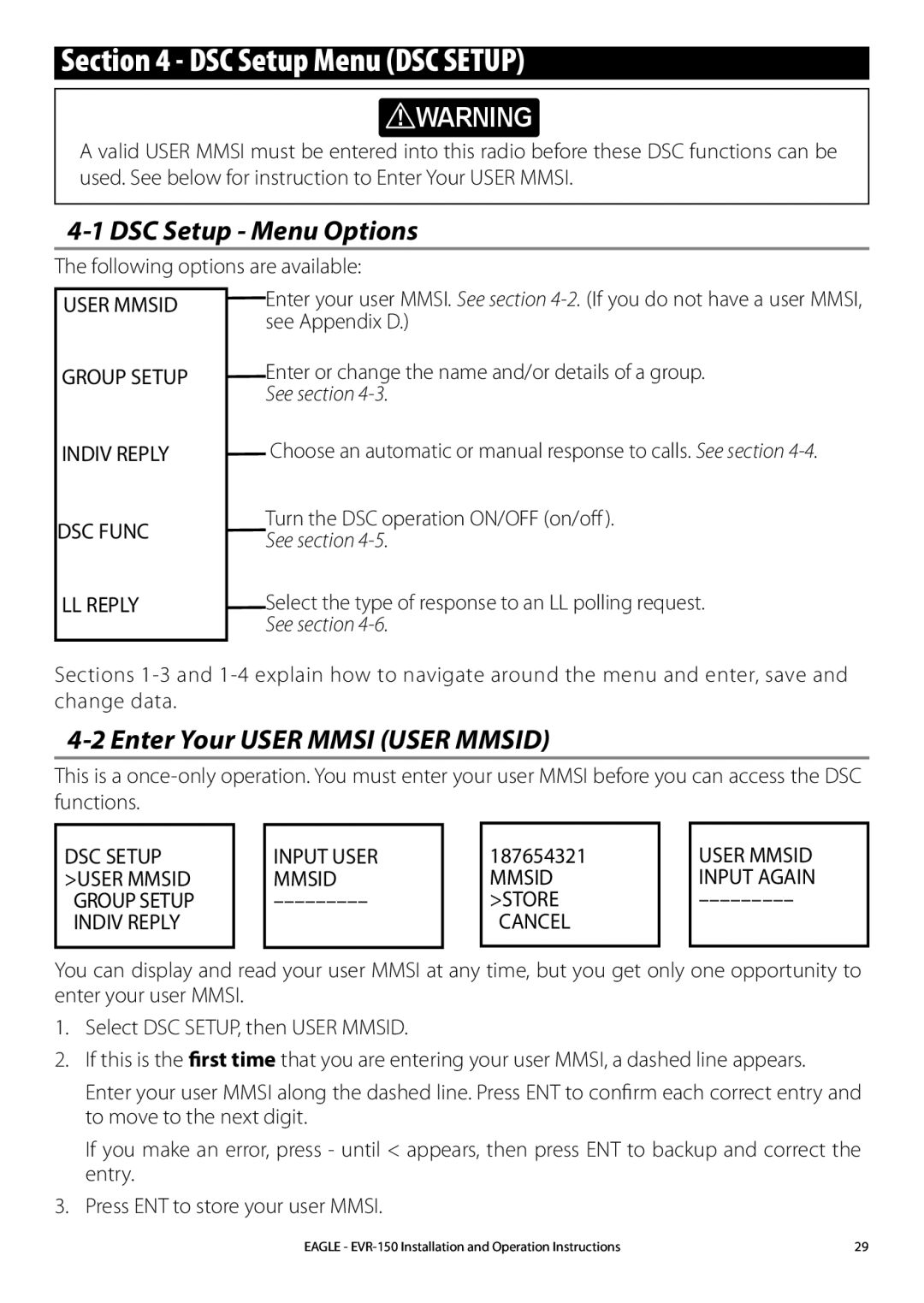 Eagle Electronics EVR-150 manual DSC Setup Menu DSC Setup, DSC Setup Menu Options, Enter Your User Mmsi User Mmsid 