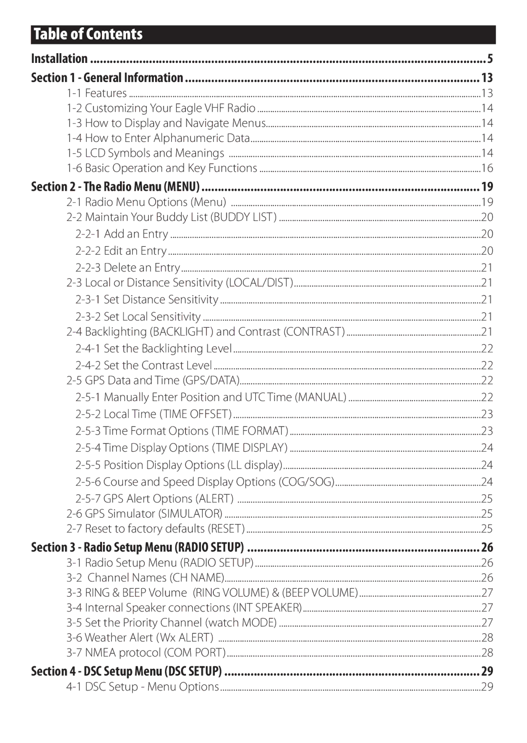 Eagle Electronics EVR-150 manual Table of Contents 