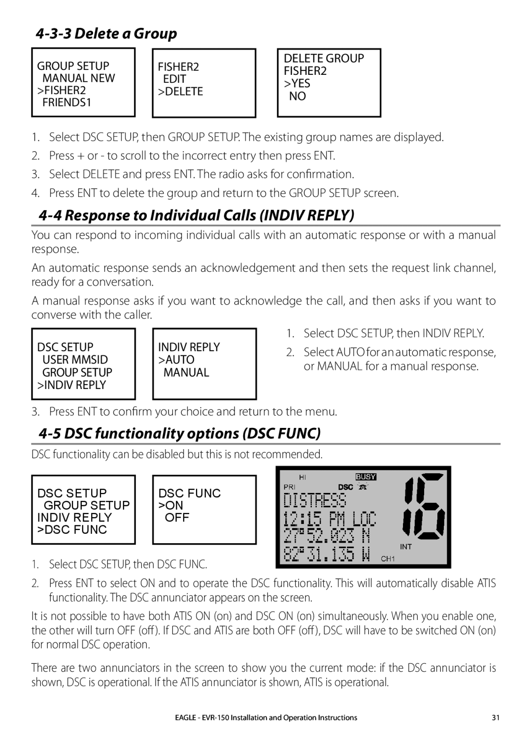 Eagle Electronics EVR-150 Delete a Group, Response to Individual Calls Indiv Reply, DSC functionality options DSC Func 