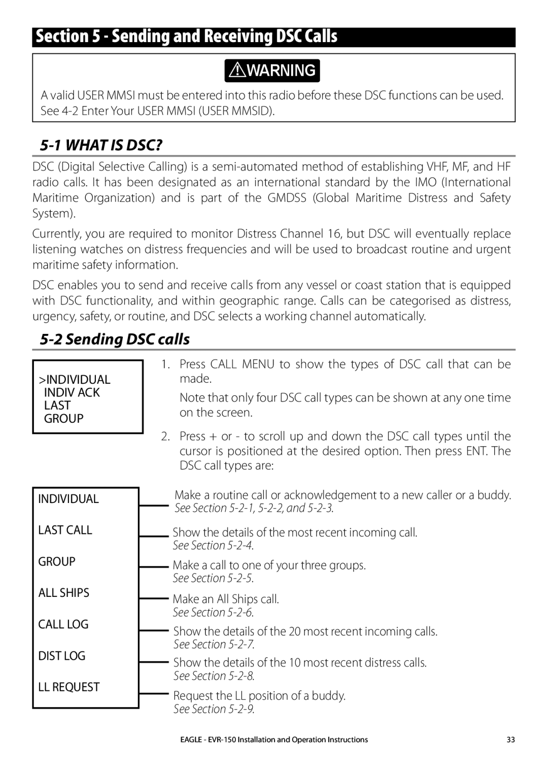 Eagle Electronics EVR-150 manual Sending and Receiving DSC Calls, Sending DSC calls, Individual Indiv ACK Last Group 