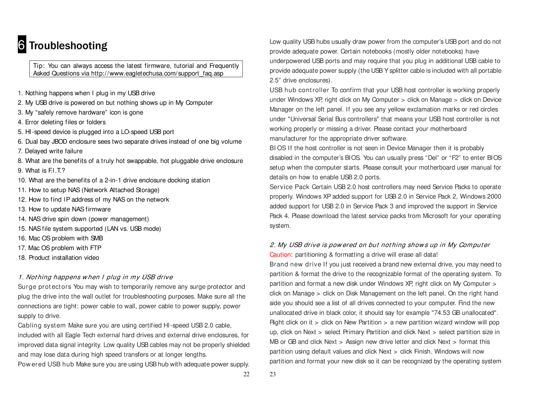 Eagle Electronics user manual Troubleshooting, Nothing happens when I plug in my USB drive 