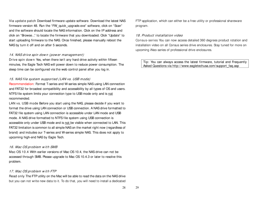 Eagle Electronics I user manual NAS drive spin down power management, NAS file system supported LAN vs. USB mode 