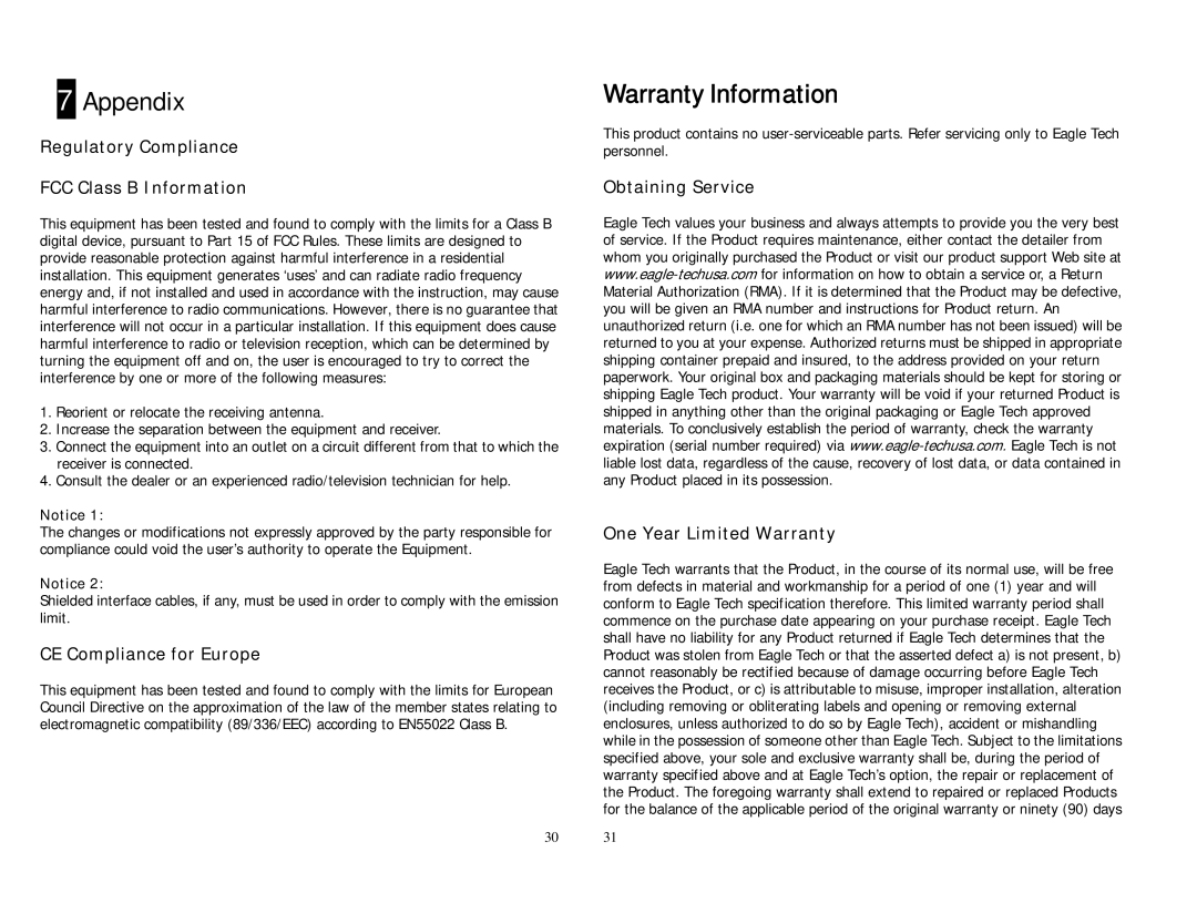 Eagle Electronics user manual Appendix, Regulatory Compliance FCC Class B Information, CE Compliance for Europe 