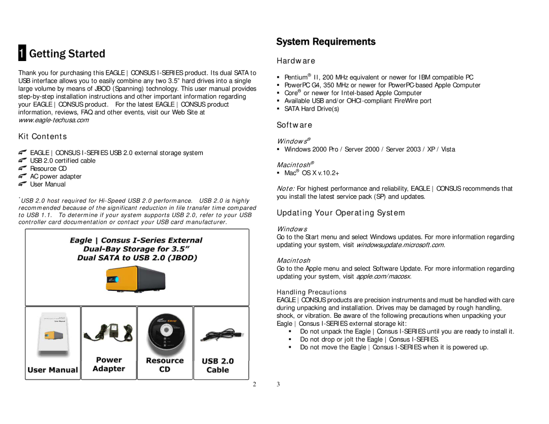 Eagle Electronics I user manual Getting Started, Kit Contents, Hardware, Software, Updating Your Operating System 