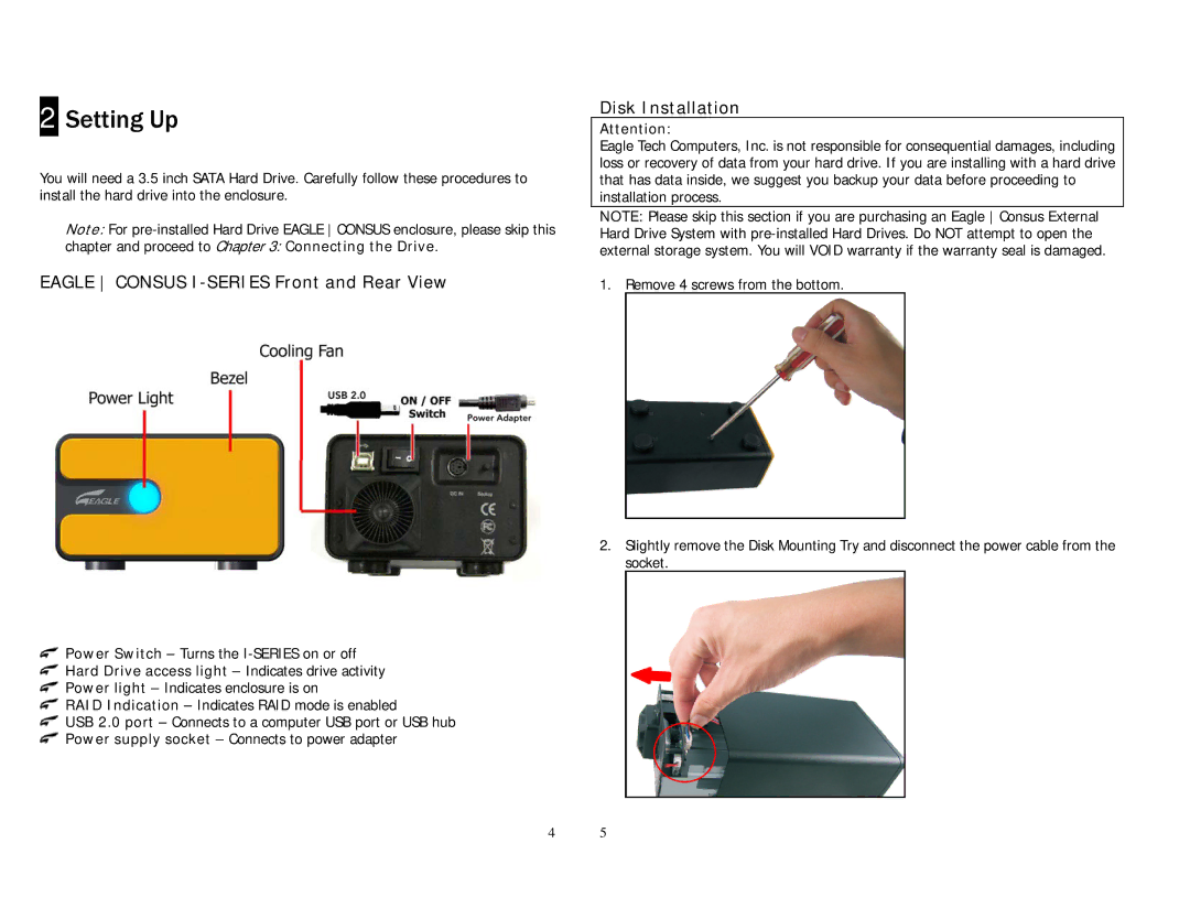 Eagle Electronics user manual Setting Up, Eagle Consus I-SERIES Front and Rear View Disk Installation 