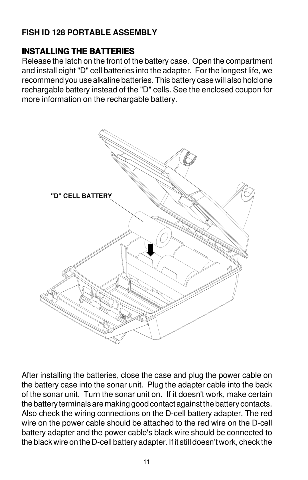 Eagle Electronics manual Fish ID 128 Portable Assembly Installing the Batteries 