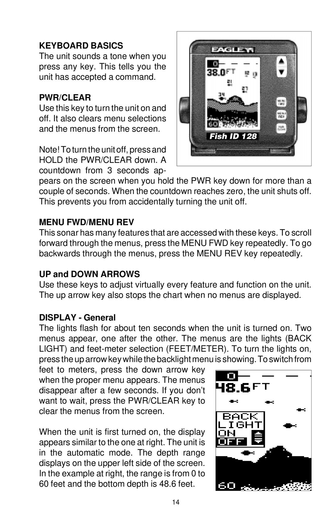 Eagle Electronics ID 128 manual Keyboard Basics, Pwr/Clear, Menu FWD/MENU REV, UP and Down Arrows, Display General 