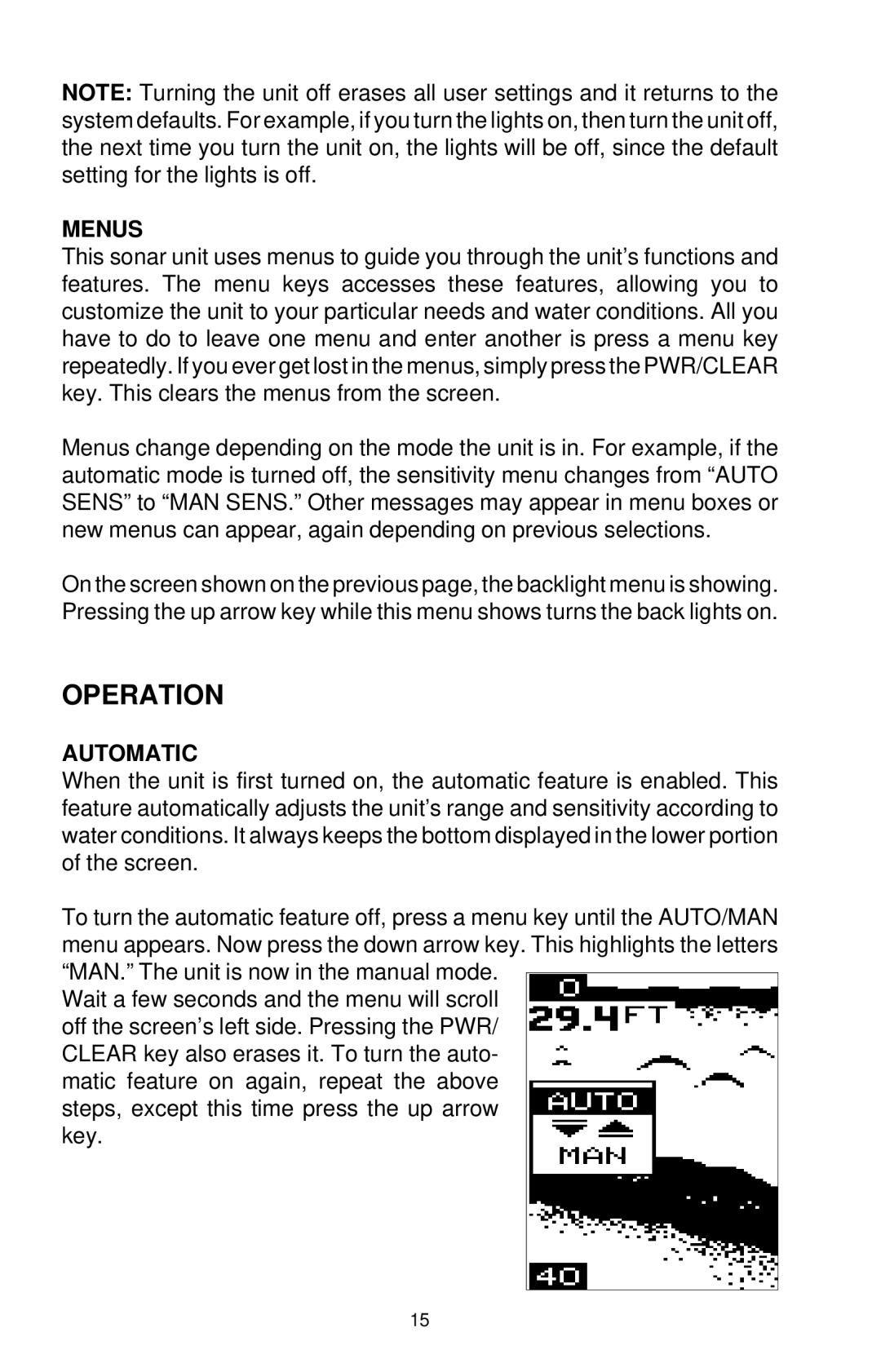 Eagle Electronics ID 128 manual Menus, Automatic 