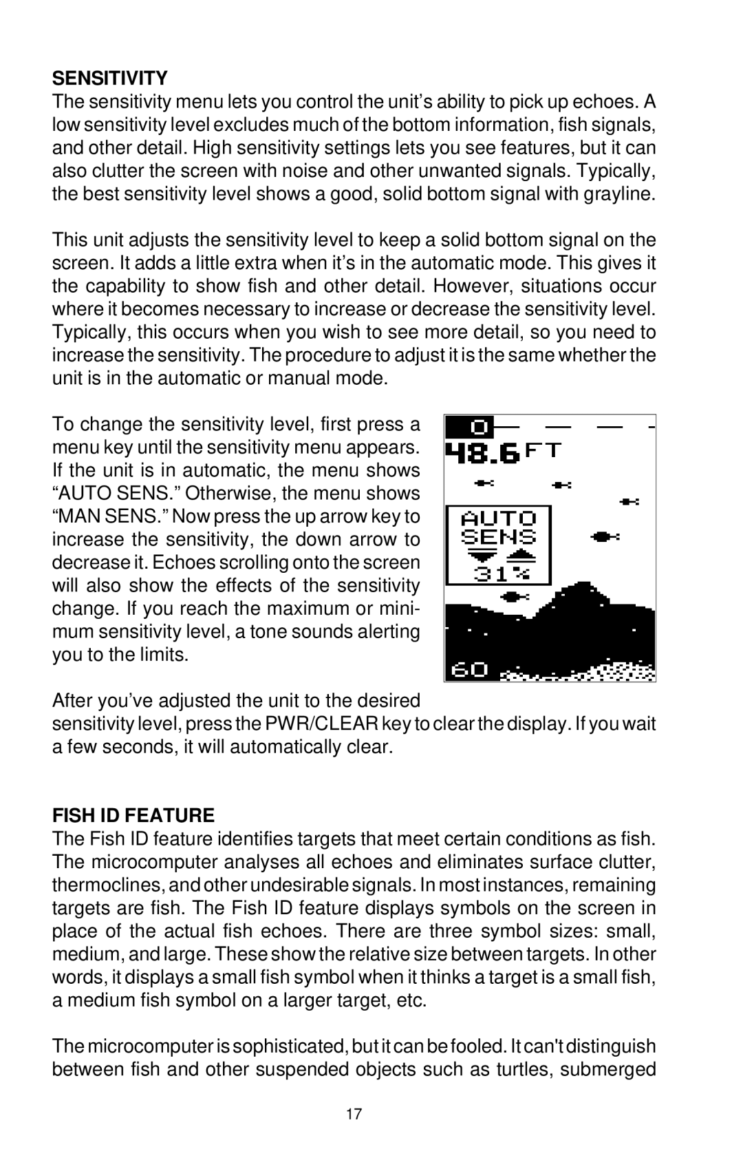 Eagle Electronics ID 128 manual Sensitivity, Fish ID Feature 