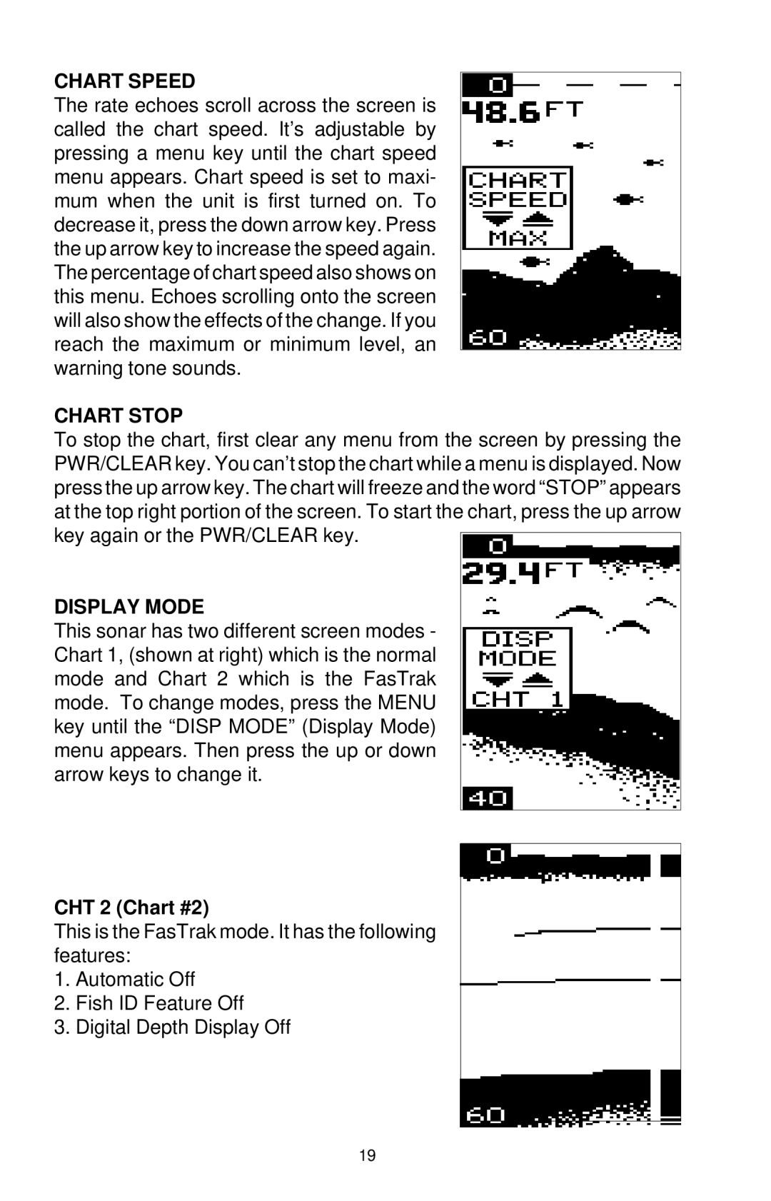 Eagle Electronics ID 128 manual Chart Speed, Chart Stop, Display Mode, CHT 2 Chart #2 