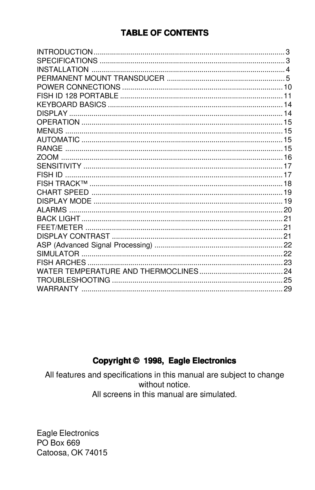 Eagle Electronics ID 128 manual Table of Contents 