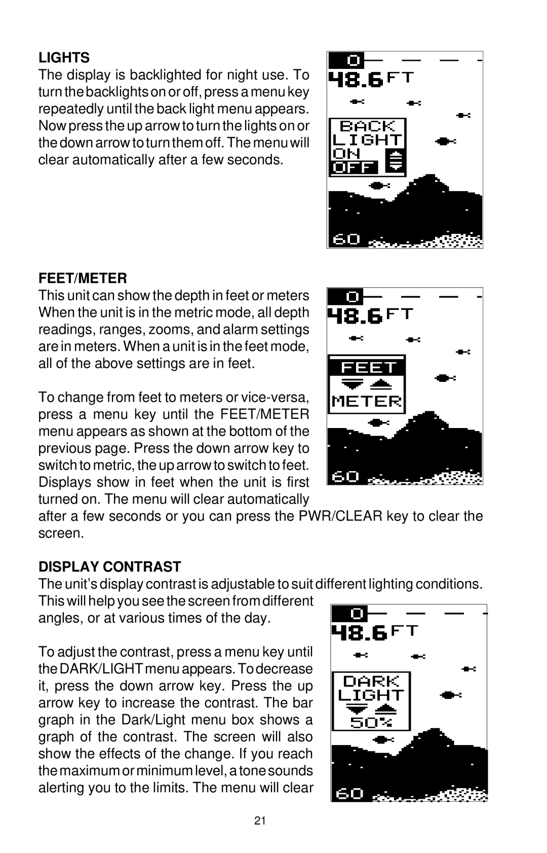 Eagle Electronics ID 128 manual Lights, Feet/Meter, Display Contrast 