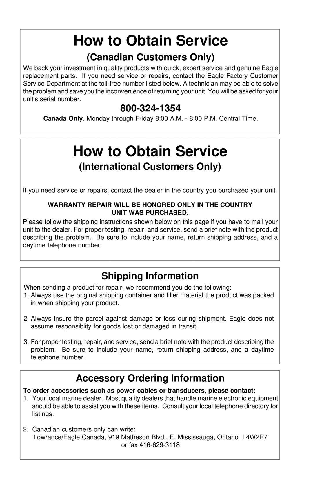 Eagle Electronics ID 128 manual How to Obtain Service 