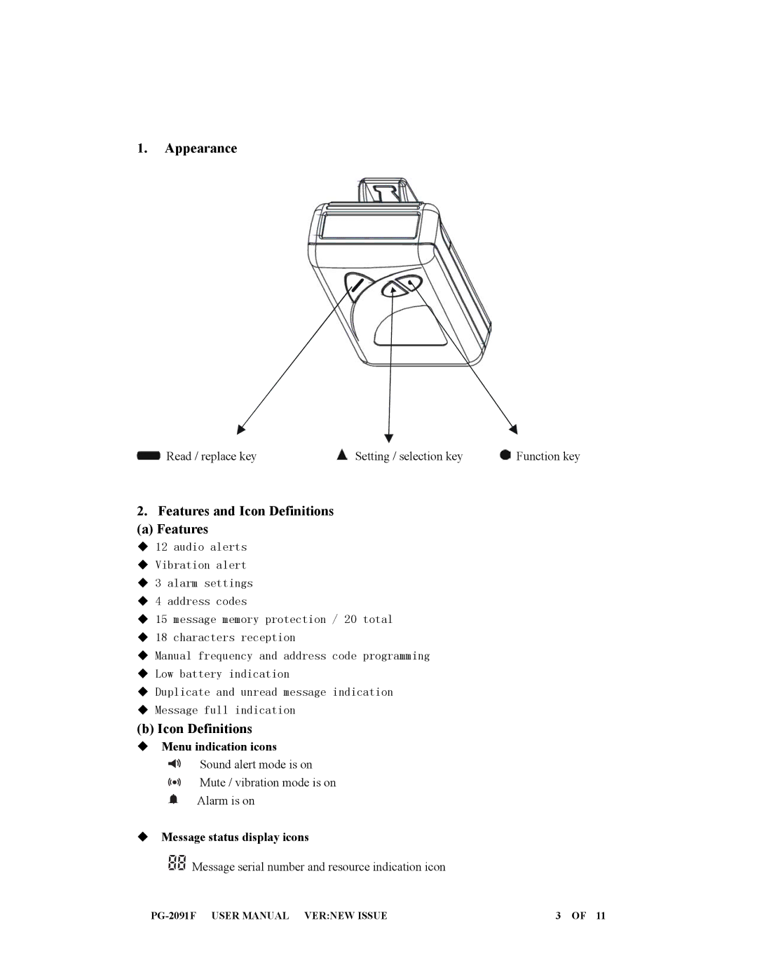 Eagle Electronics PG-2091F user manual Appearance, Features and Icon Definitions, ‹ Menu indication icons 