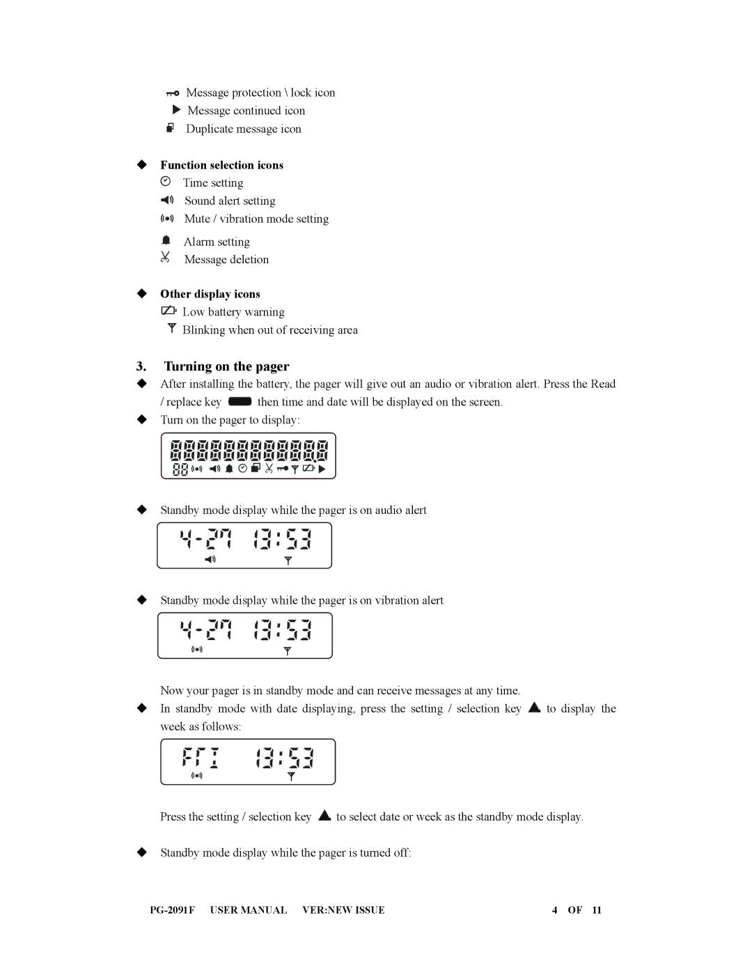 Eagle Electronics PG-2091F user manual Turning on the pager, ‹ Function selection icons, ‹ Other display icons 