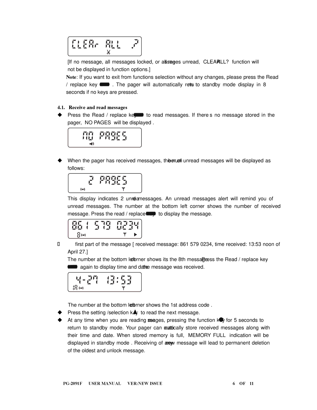 Eagle Electronics PG-2091F user manual Receive and read messages 