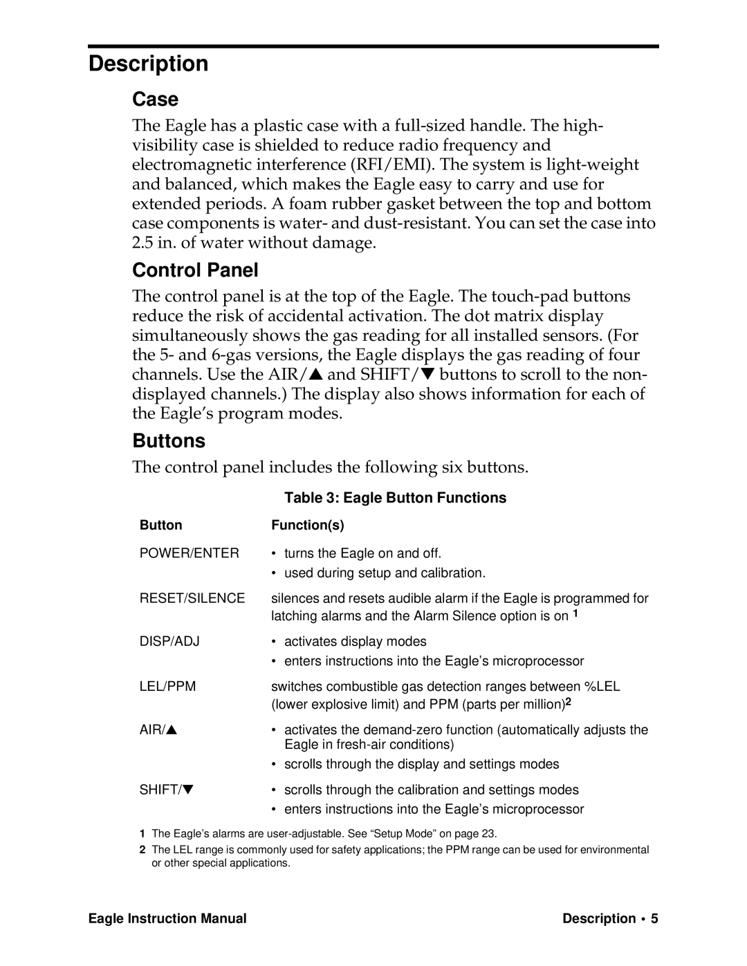 Eagle Home Products Eagle Series instruction manual Description, Case, Control Panel, Buttons, Eagle Button Functions 