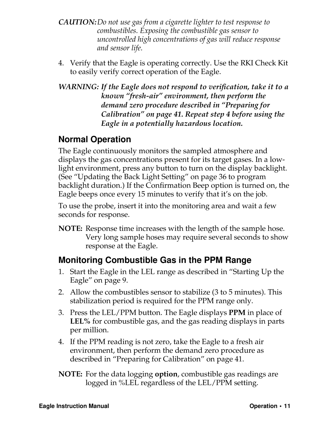 Eagle Home Products Eagle Series instruction manual Normal Operation, Monitoring Combustible Gas in the PPM Range 