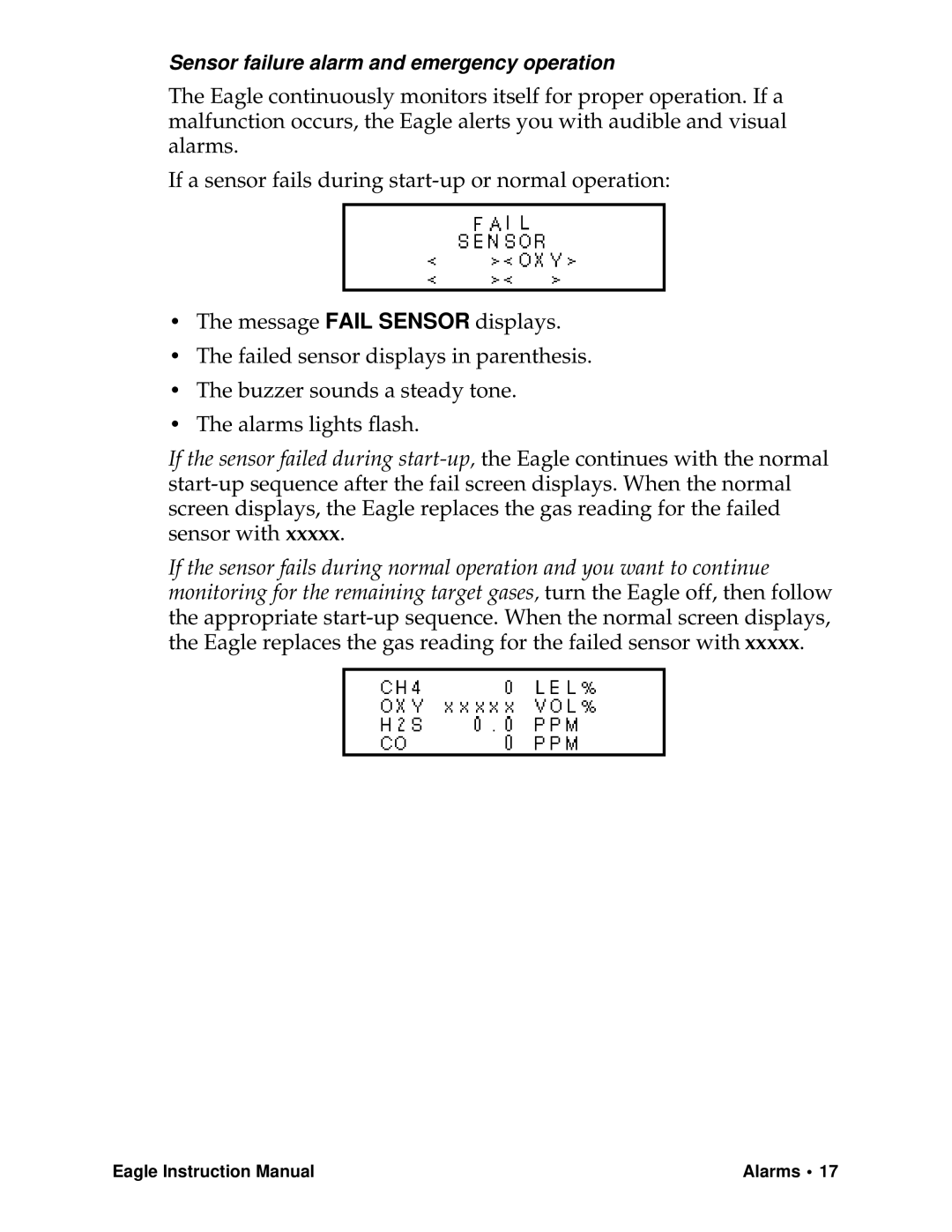 Eagle Home Products Eagle Series instruction manual Sensor failure alarm and emergency operation 