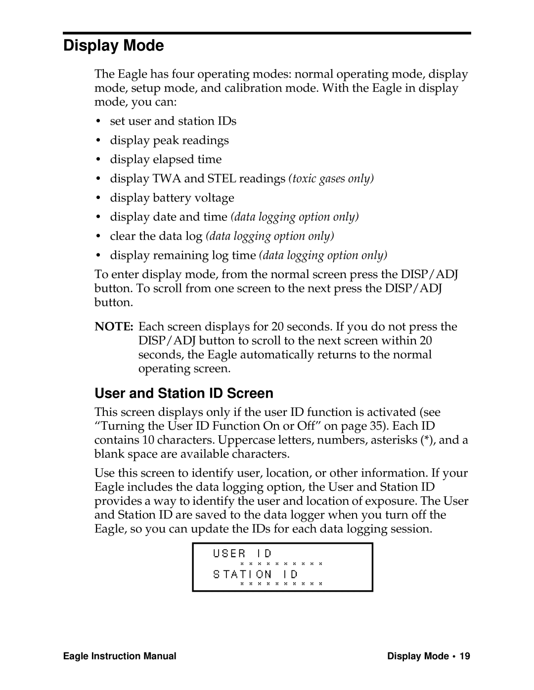 Eagle Home Products Eagle Series instruction manual Display Mode, User and Station ID Screen 