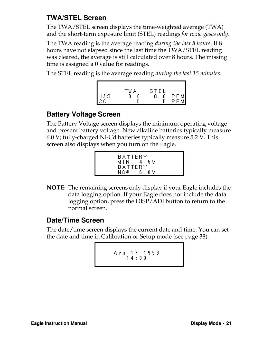 Eagle Home Products Eagle Series instruction manual TWA/STEL Screen, Battery Voltage Screen, Date/Time Screen 