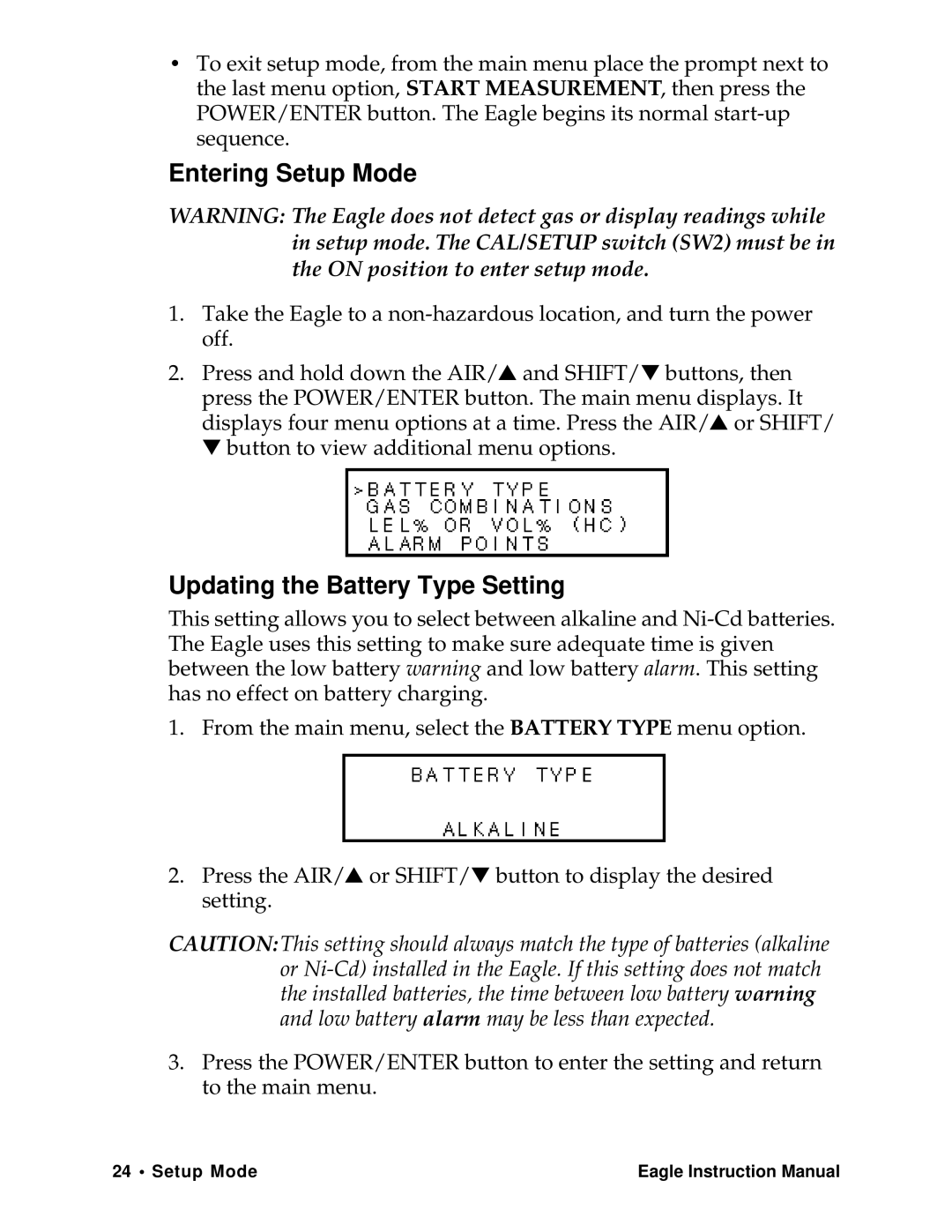 Eagle Home Products Eagle Series instruction manual Entering Setup Mode, Updating the Battery Type Setting 