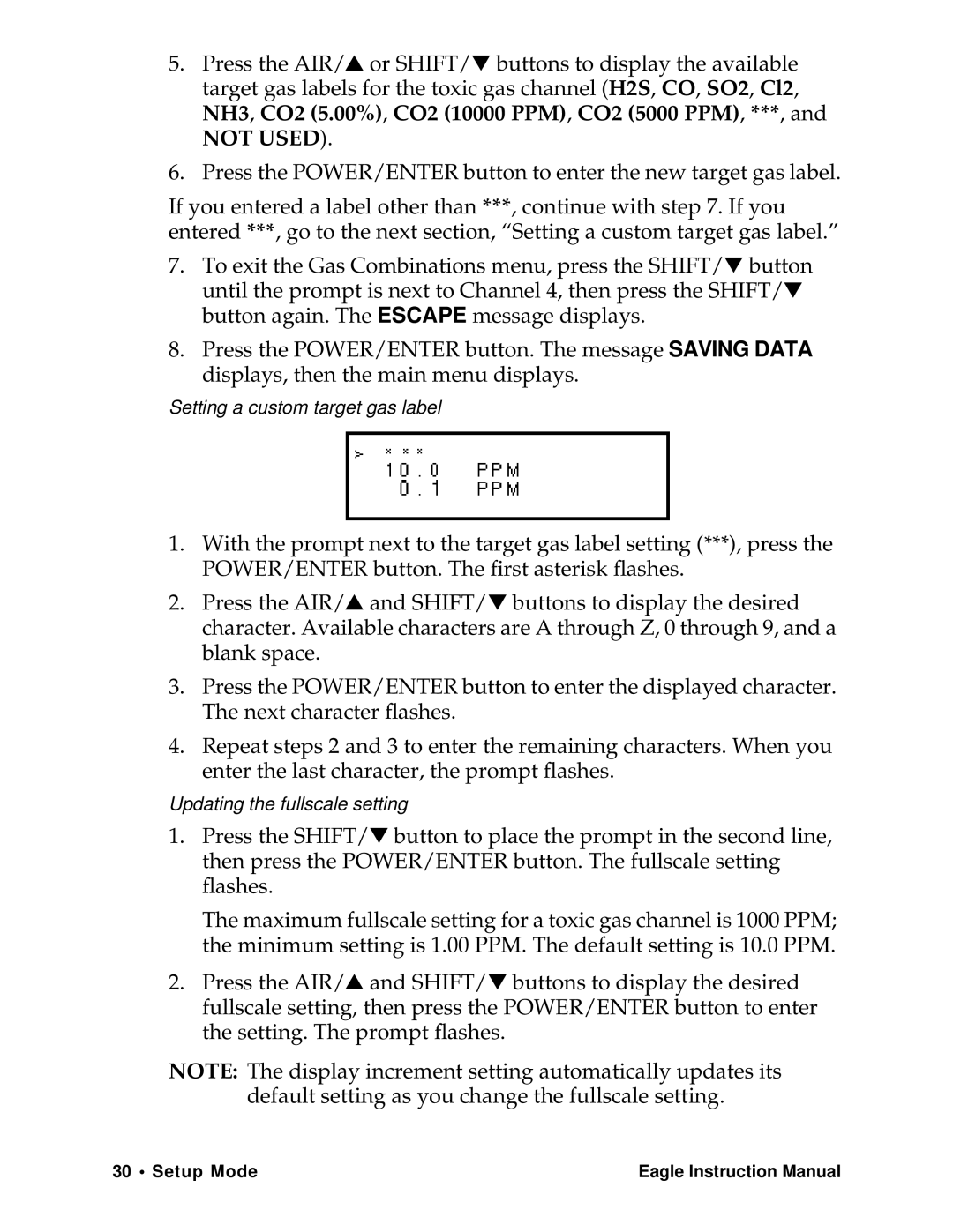 Eagle Home Products Eagle Series instruction manual Setting a custom target gas label 