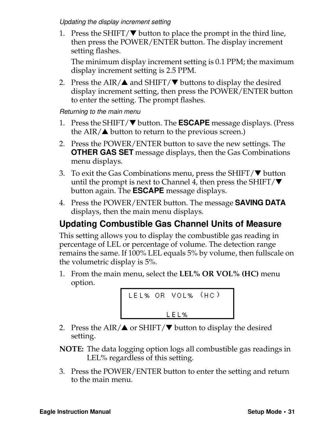 Eagle Home Products Eagle Series instruction manual Updating Combustible Gas Channel Units of Measure 