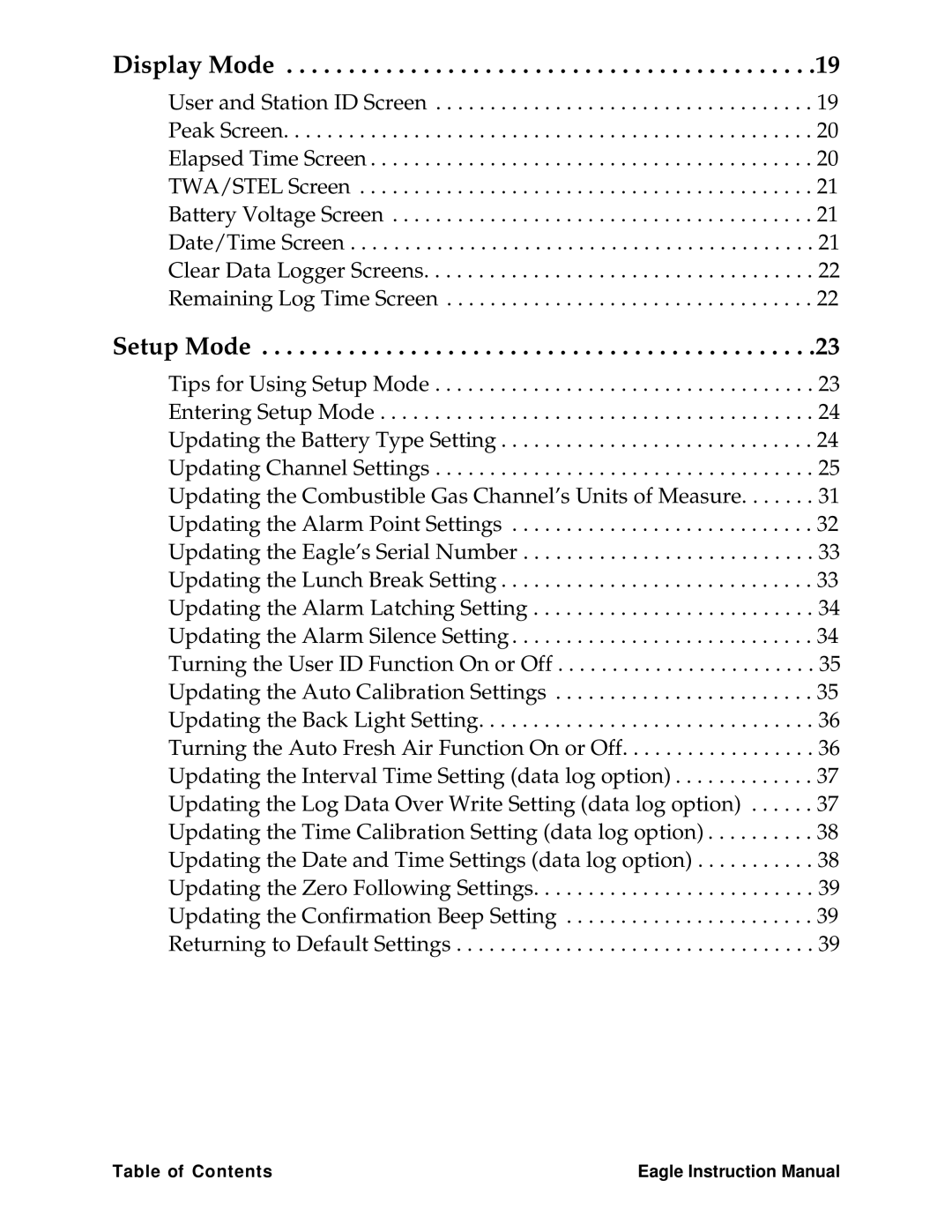 Eagle Home Products Eagle Series instruction manual Display Mode, Table of Contents 