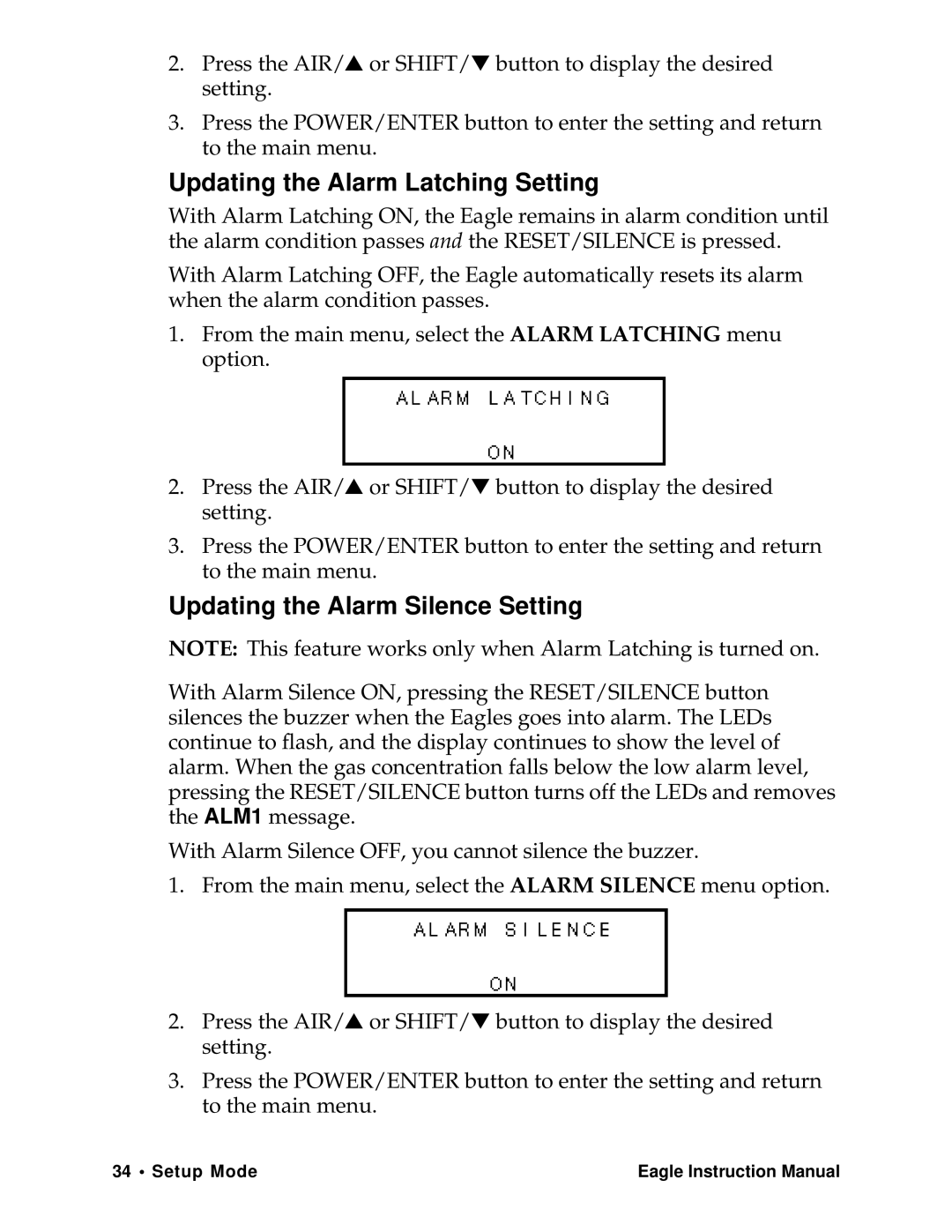 Eagle Home Products Eagle Series instruction manual Updating the Alarm Latching Setting, Updating the Alarm Silence Setting 