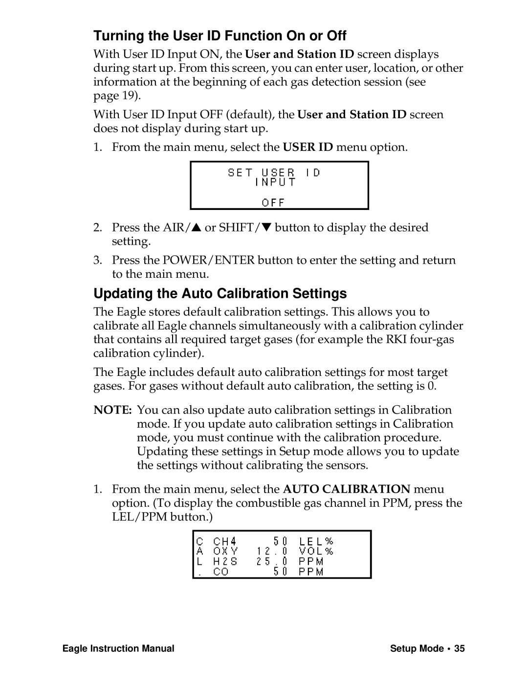 Eagle Home Products Eagle Series Turning the User ID Function On or Off, Updating the Auto Calibration Settings 