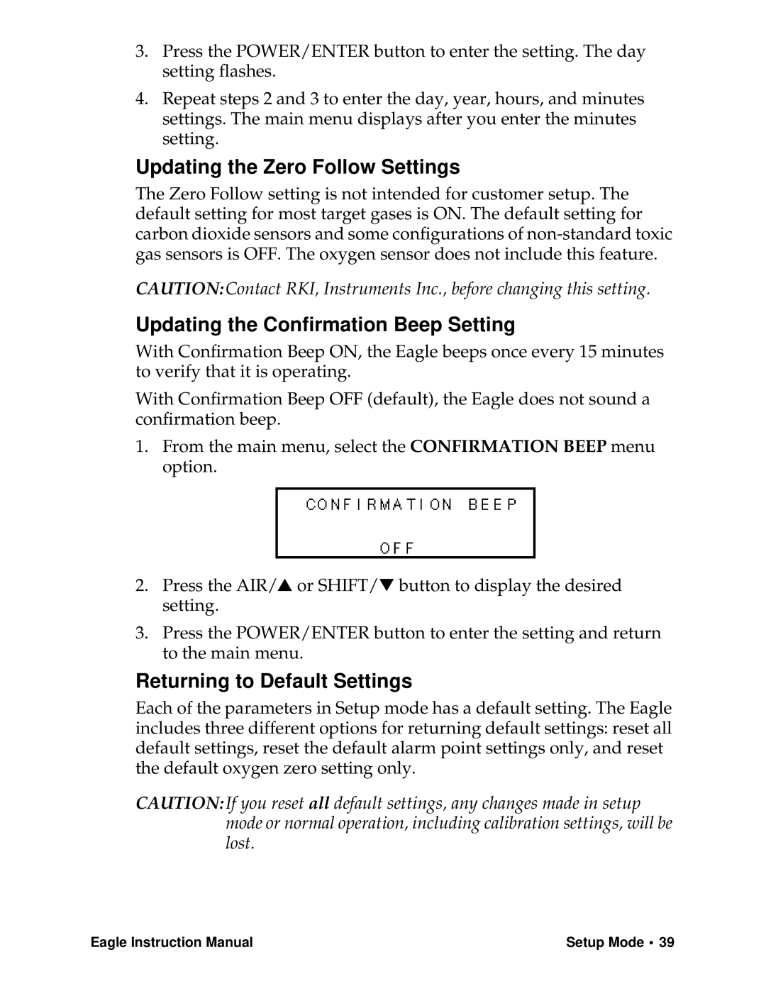 Eagle Home Products Eagle Series Updating the Zero Follow Settings, Updating the Conﬁrmation Beep Setting 