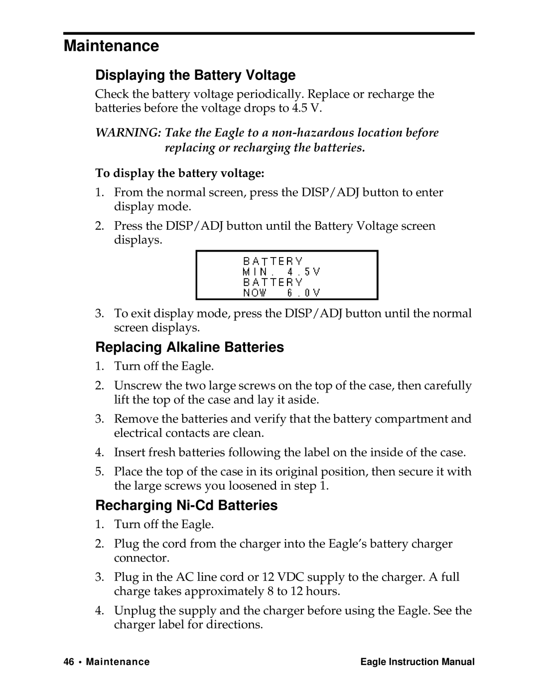 Eagle Home Products Eagle Series Maintenance, Displaying the Battery Voltage, Replacing Alkaline Batteries 