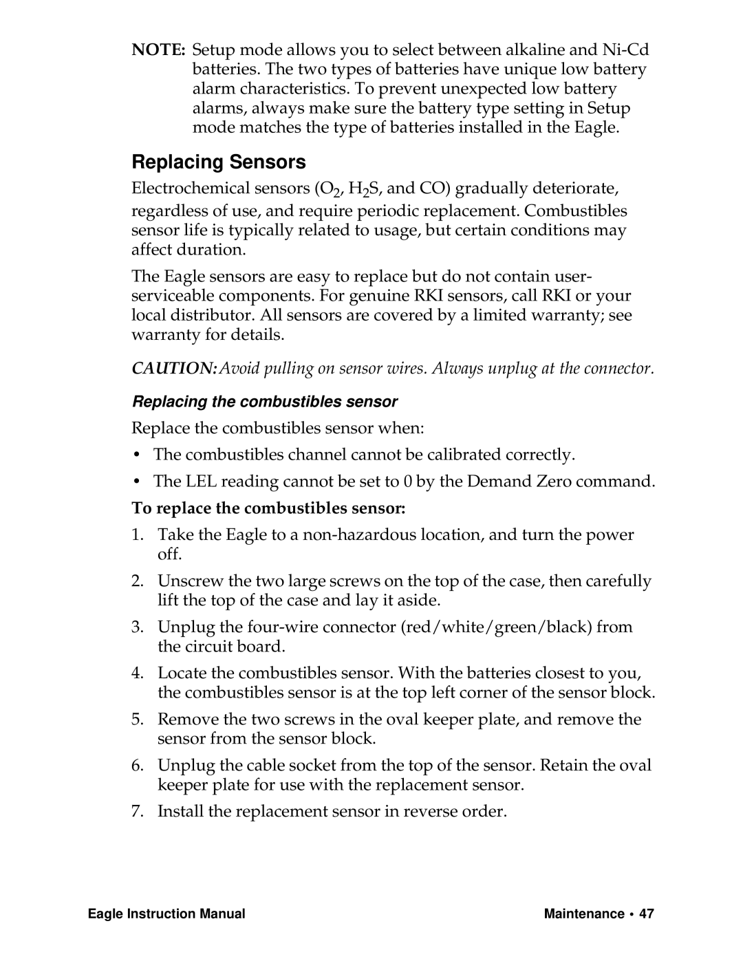 Eagle Home Products Eagle Series instruction manual Replacing Sensors, To replace the combustibles sensor 