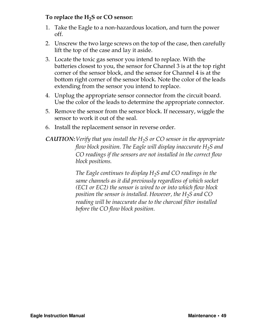 Eagle Home Products Eagle Series instruction manual To replace the H2S or CO sensor 