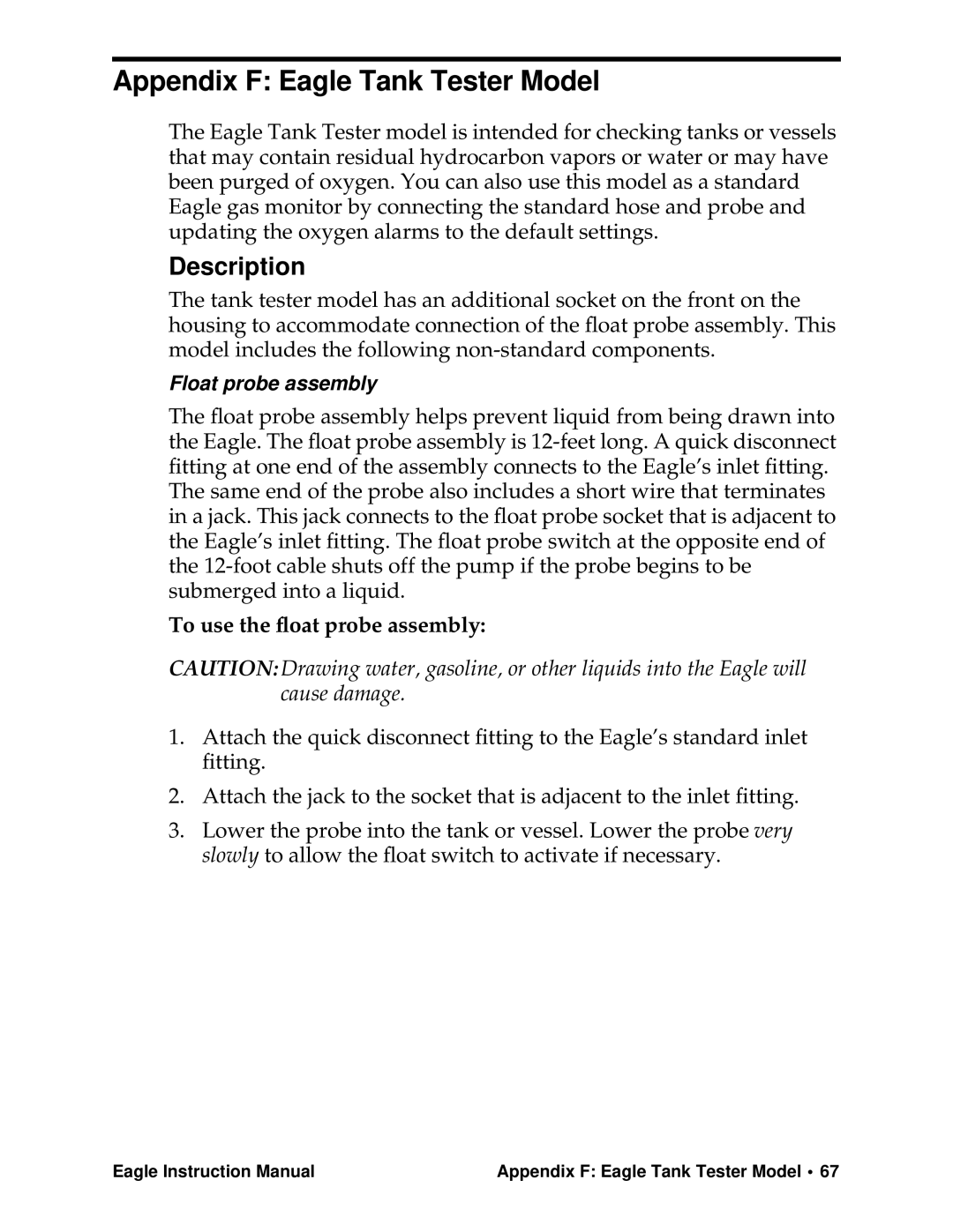 Eagle Home Products Eagle Series instruction manual Appendix F Eagle Tank Tester Model, To use the ﬂoat probe assembly 