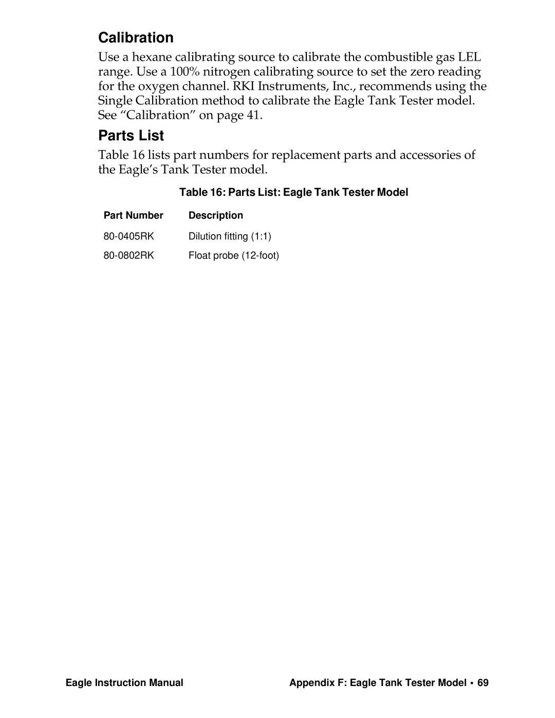 Eagle Home Products Eagle Series instruction manual Calibration, Parts List Eagle Tank Tester Model 