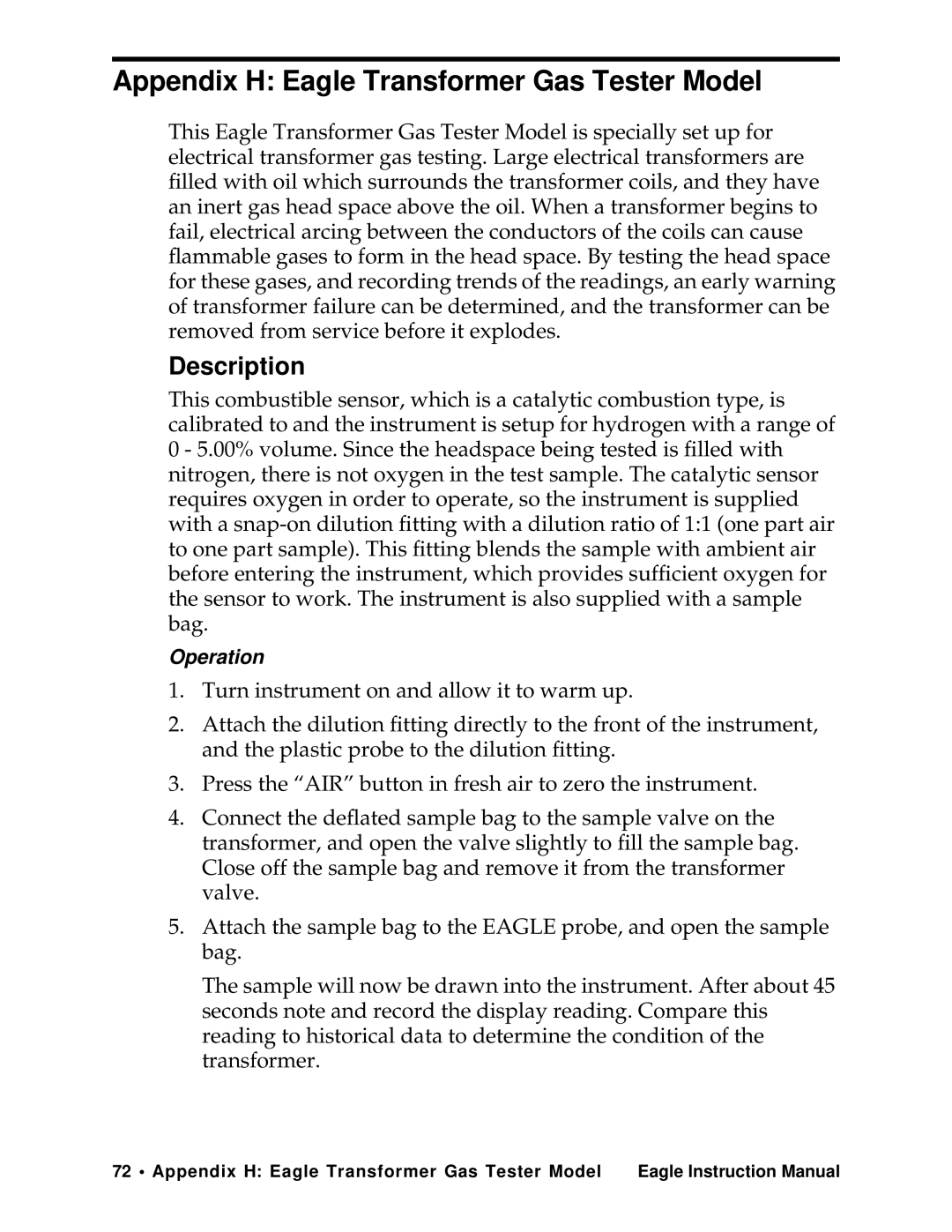 Eagle Home Products Eagle Series instruction manual Appendix H Eagle Transformer Gas Tester Model 