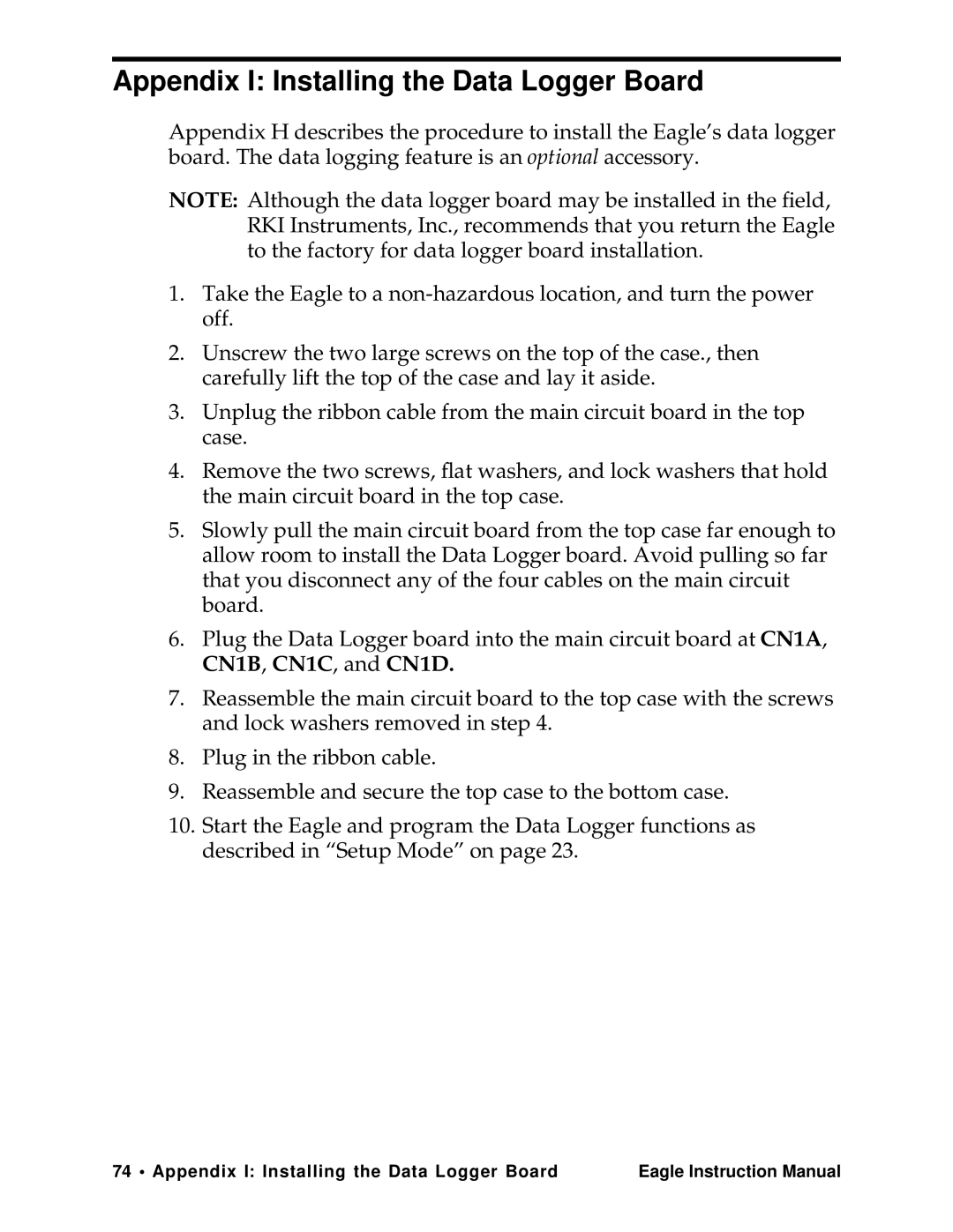 Eagle Home Products Eagle Series instruction manual Appendix I Installing the Data Logger Board 