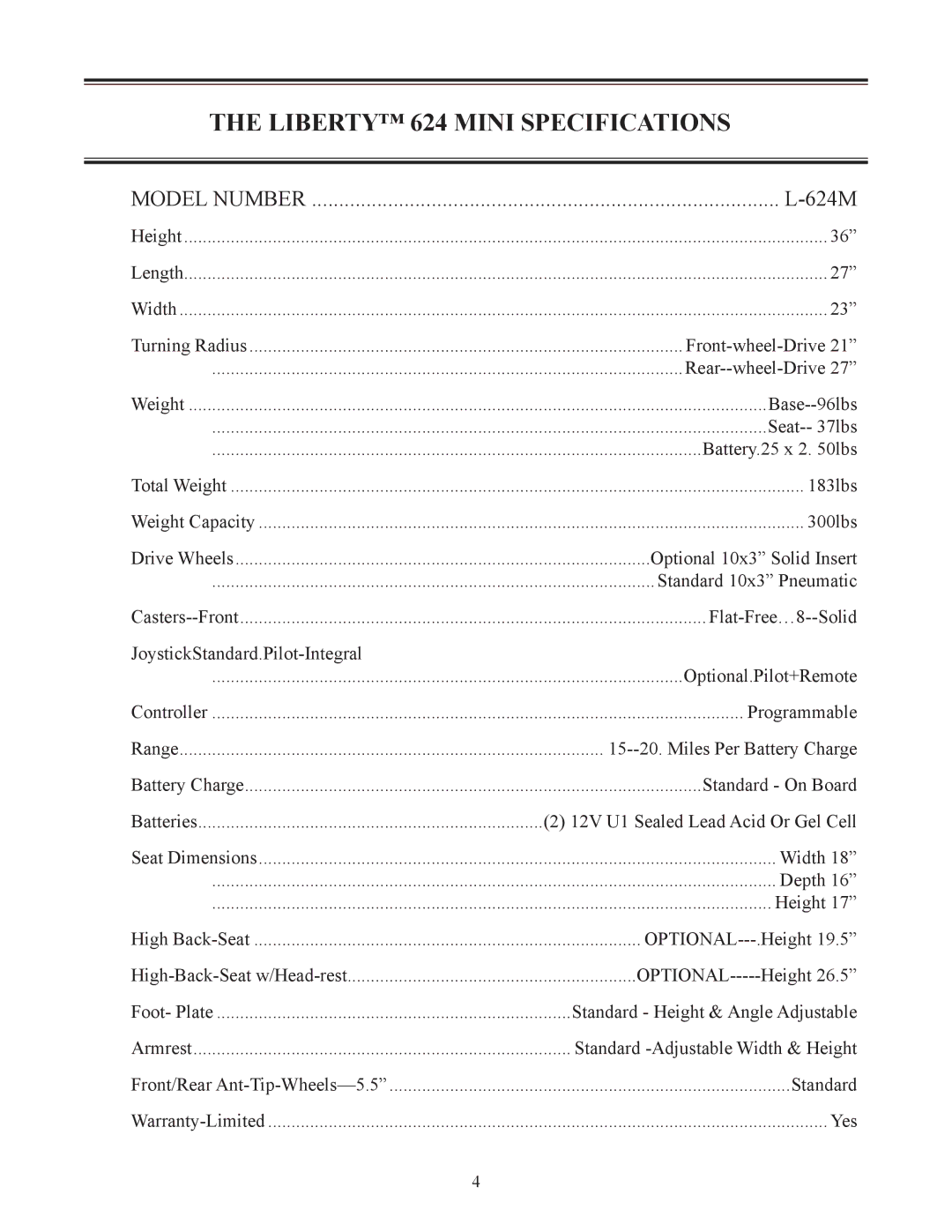 Eagle Home Products LIBERTYTM 624 owner manual Liberty 624 Mini Specifications, 624M 